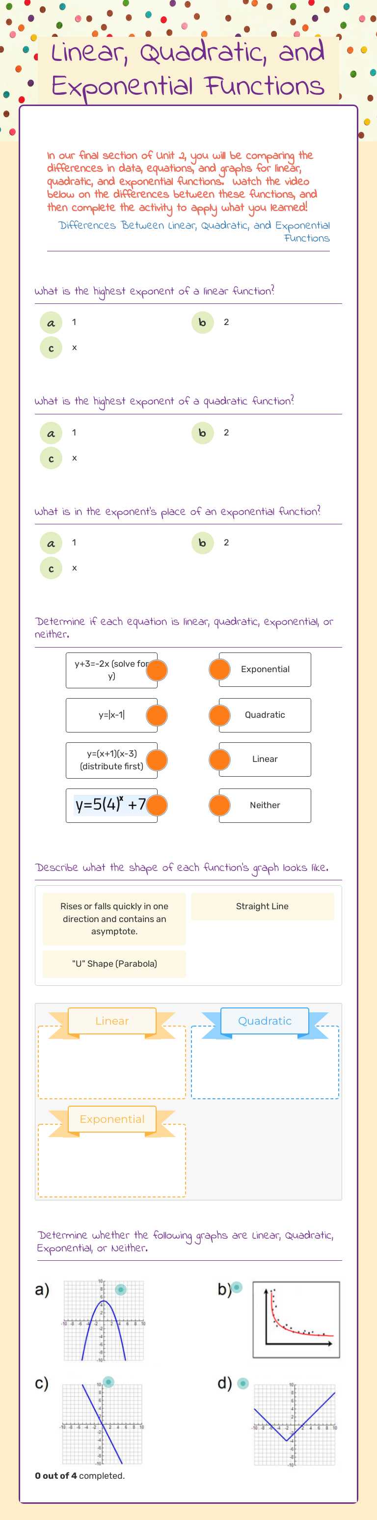 Linear, Quadratic, and Exponential Functions by Cora Long | Interactive ...