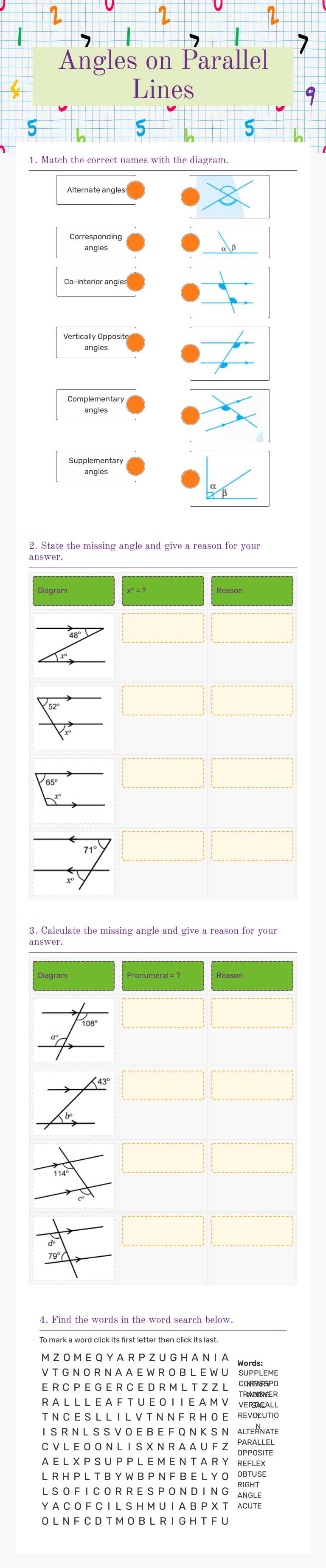 Angles on Parallel Lines worksheet preview image