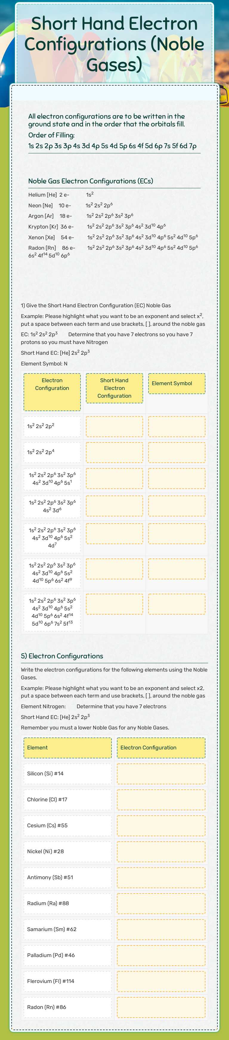 Short Hand Electron Configurations (Noble Gases) worksheet preview image