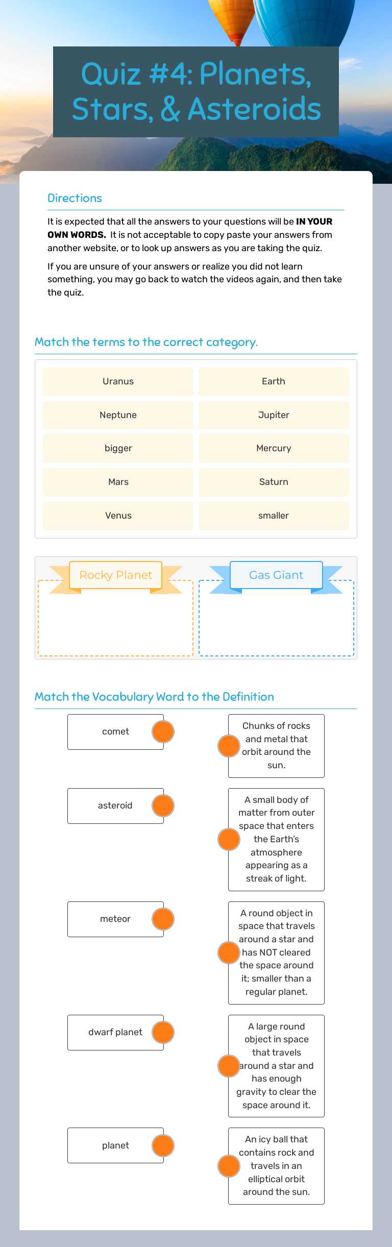 Quiz #4: Planets, Stars, & Asteroids worksheet preview image