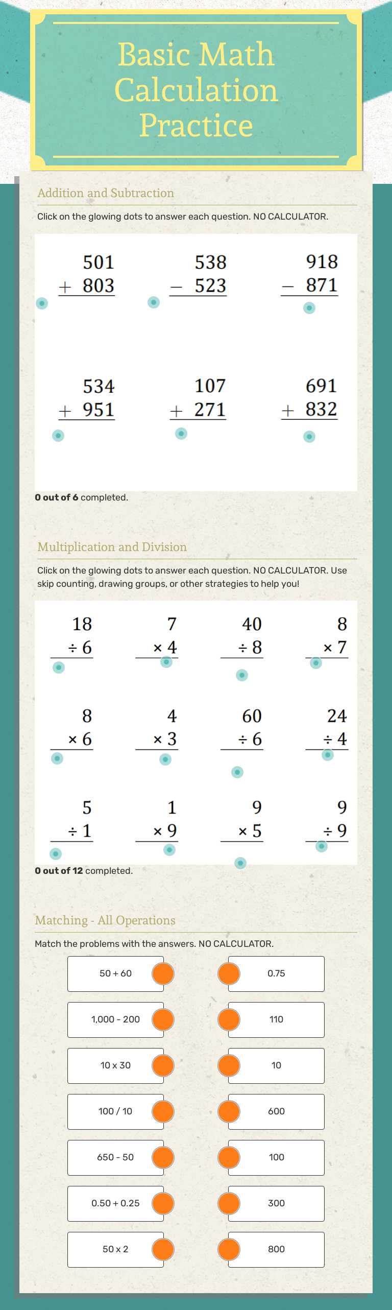 Basic Math Calculation Practice worksheet preview image