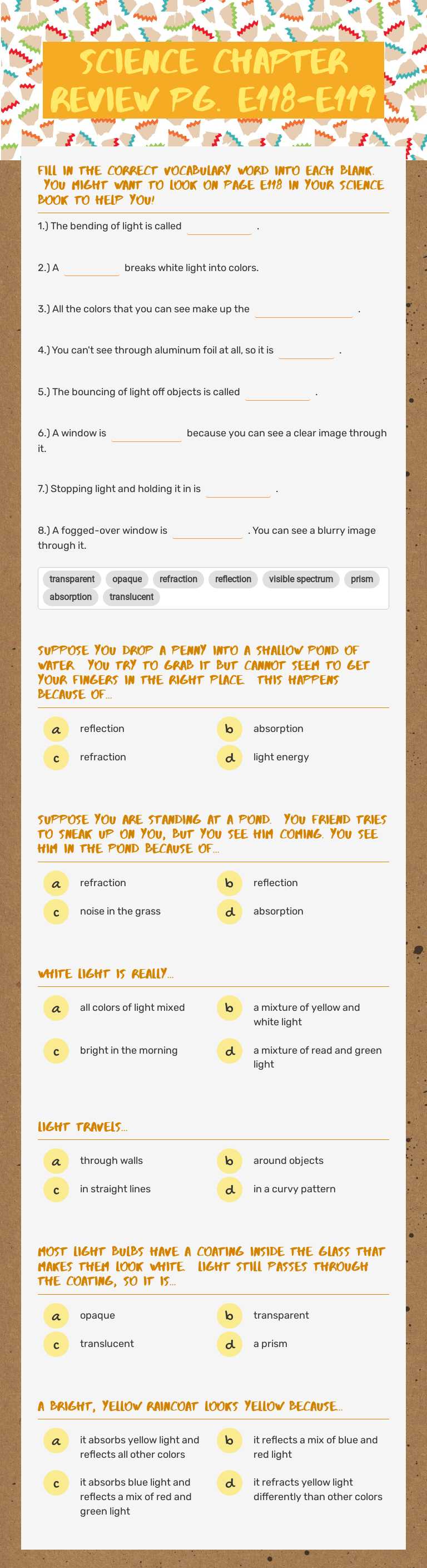 Science Chapter Review pg. E118-E119 worksheet preview image
