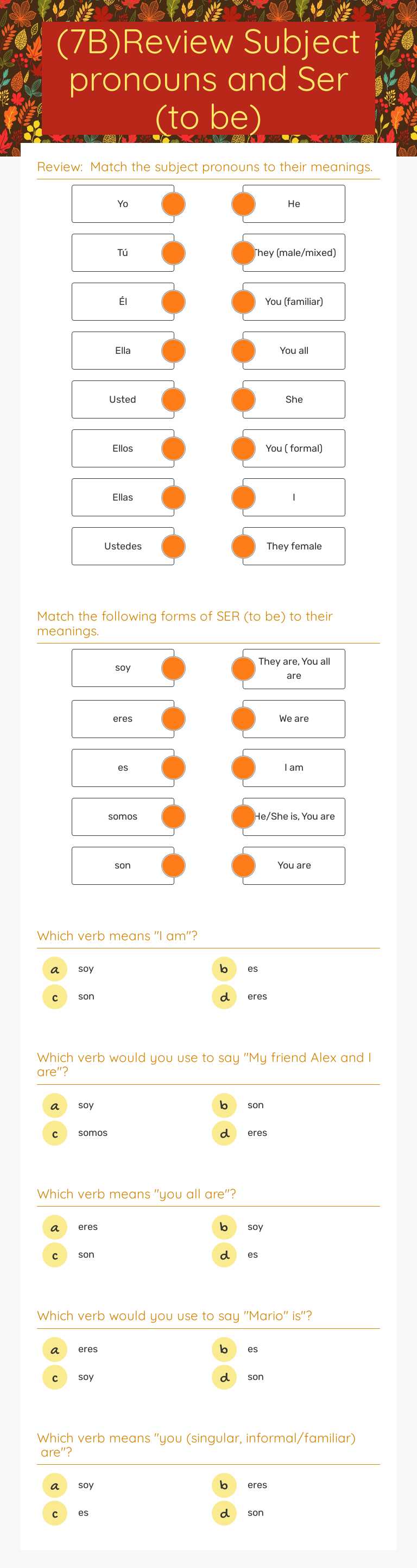 (7B)Review Subject pronouns and Ser (to be) worksheet preview image