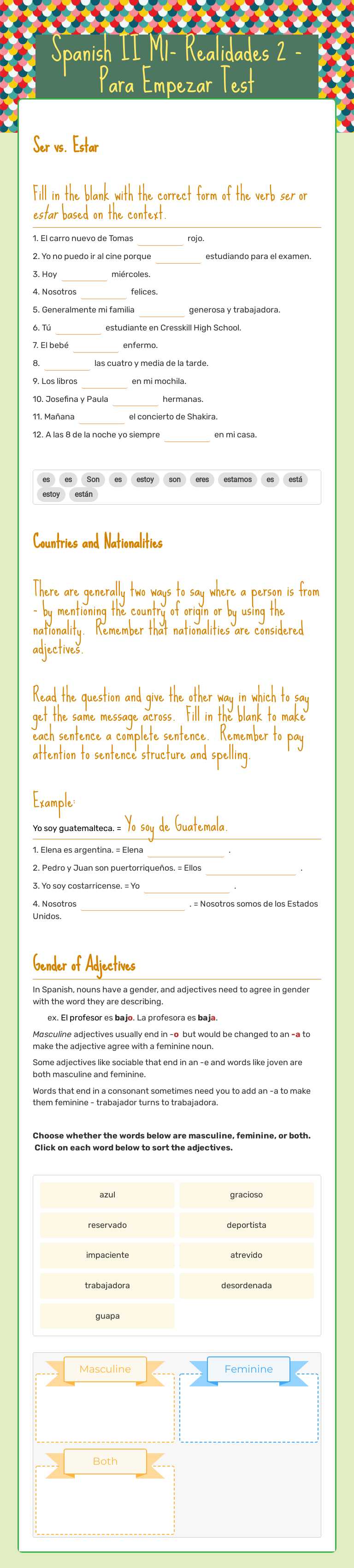 Spanish II M1- Realidades 2 - Para Empezar Test worksheet preview image