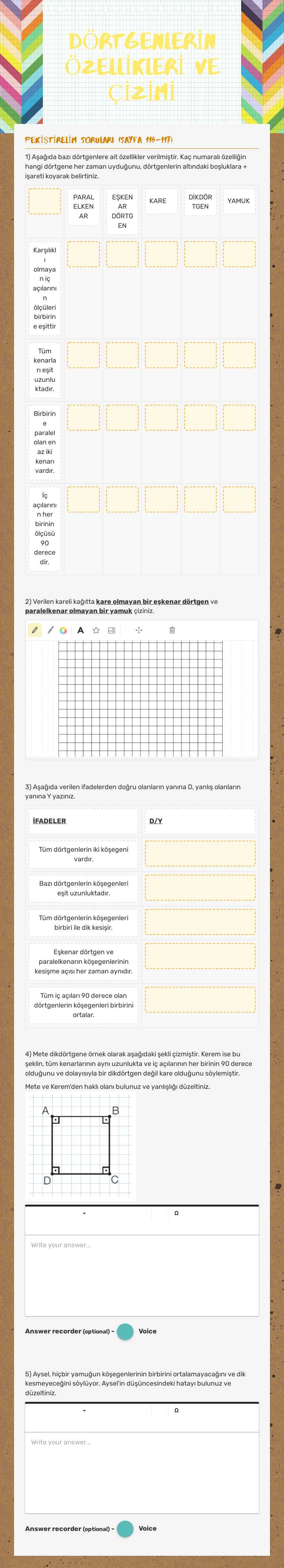 DÖRTGENLERİN ÖZELLİKLERİ VE ÇİZİMİ Grade 5 worksheet preview