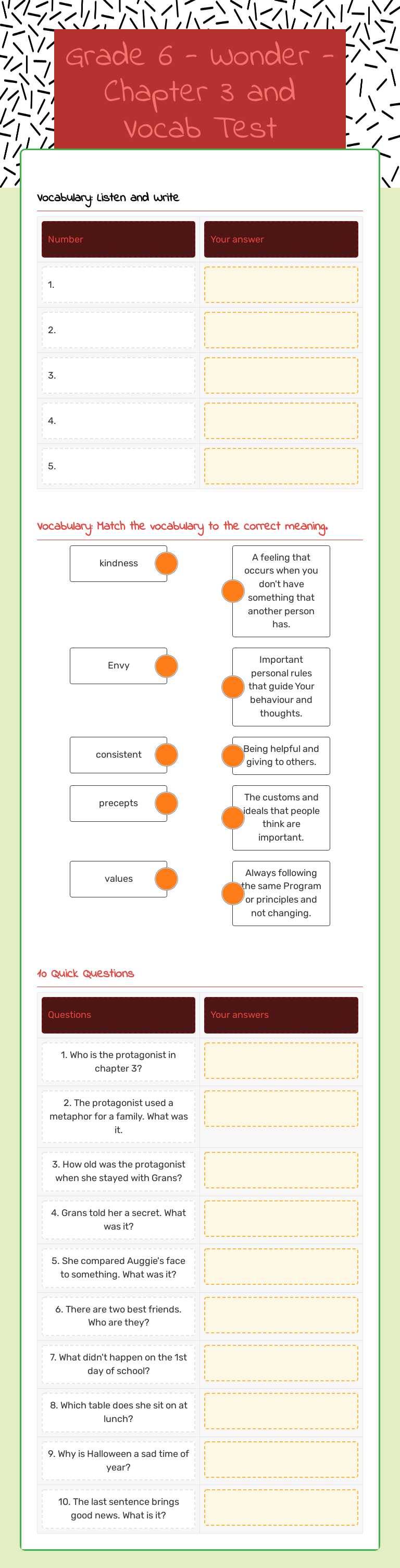 Grade 6 - Wonder - Chapter 3 and Vocab Test worksheet preview image