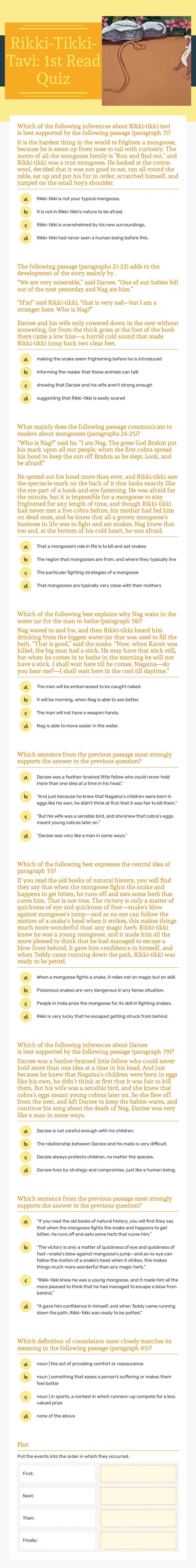 Rikki-Tikki-Tavi: 1st Read Quiz worksheet preview image