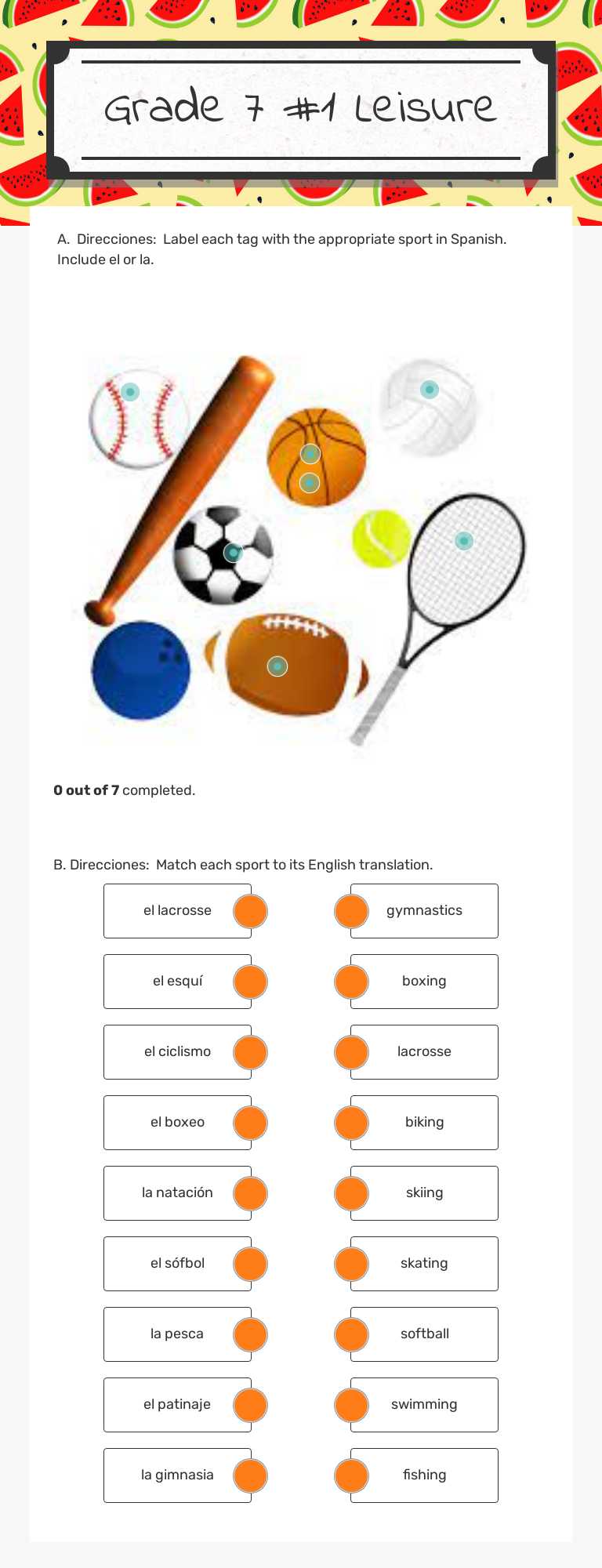 Grade 7 #1 Leisure worksheet preview image