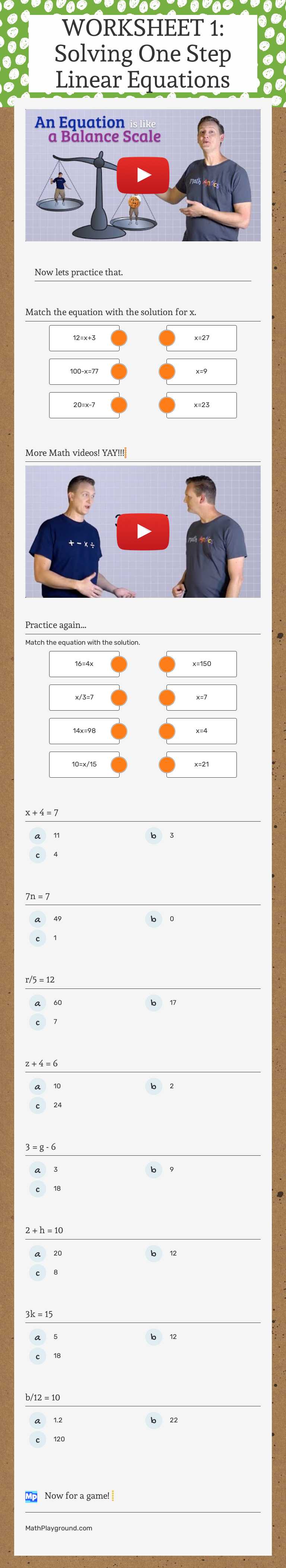 WORKSHEET 1: Solving One Step Linear Equations worksheet preview image