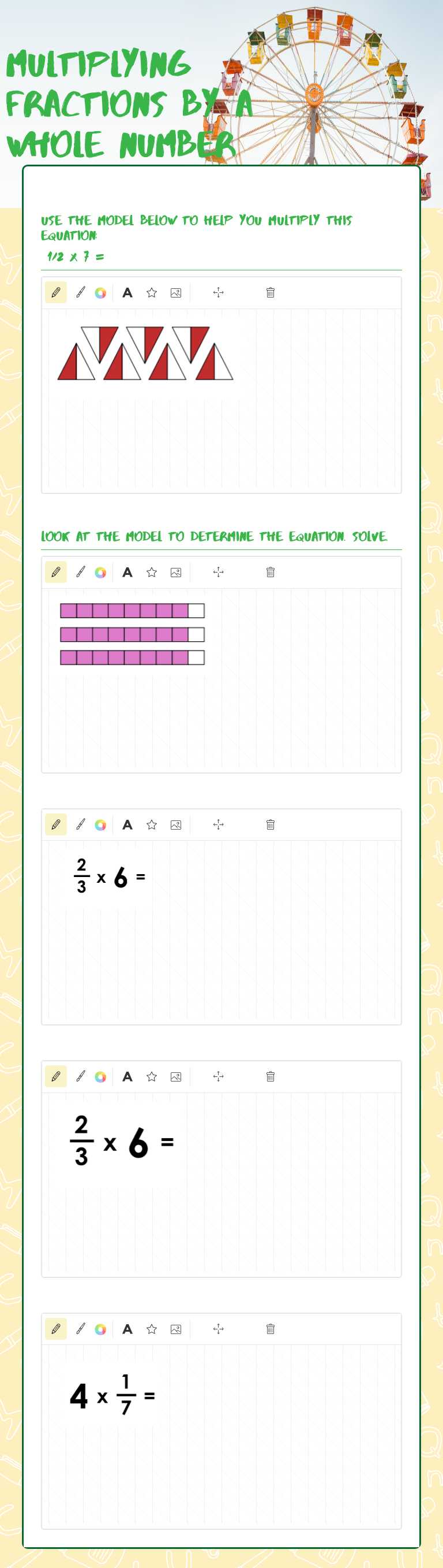 Multiplying Fractions by a whole number worksheet preview image