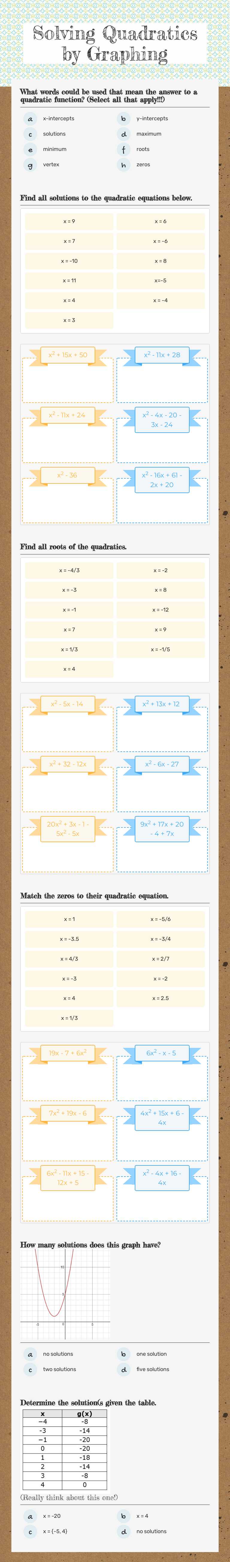 Solving Quadratics by Graphing worksheet preview image
