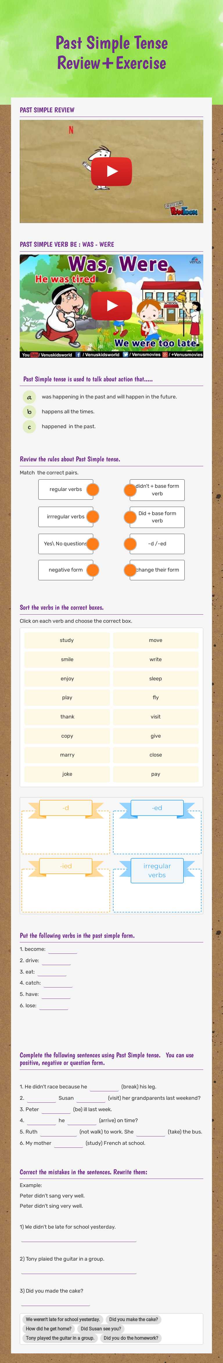 Past Simple Tense      Review+Exercise worksheet preview image