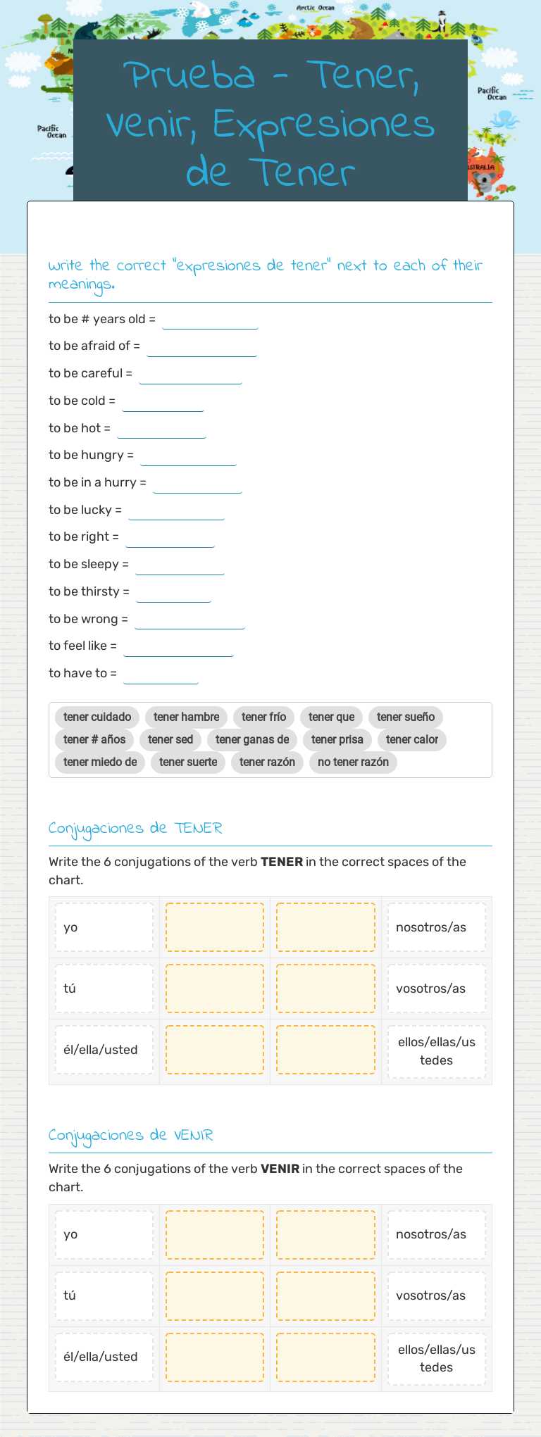 Prueba - Tener, Venir, Expresiones de Tener worksheet preview image