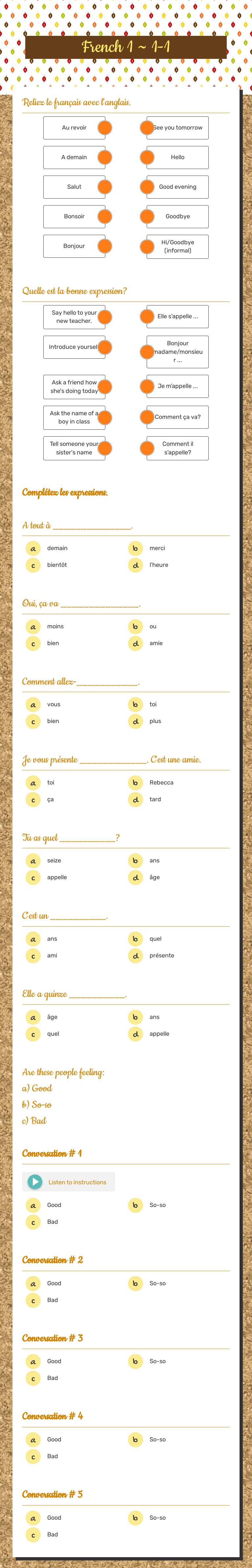 French 1 ~ 1-1 worksheet preview