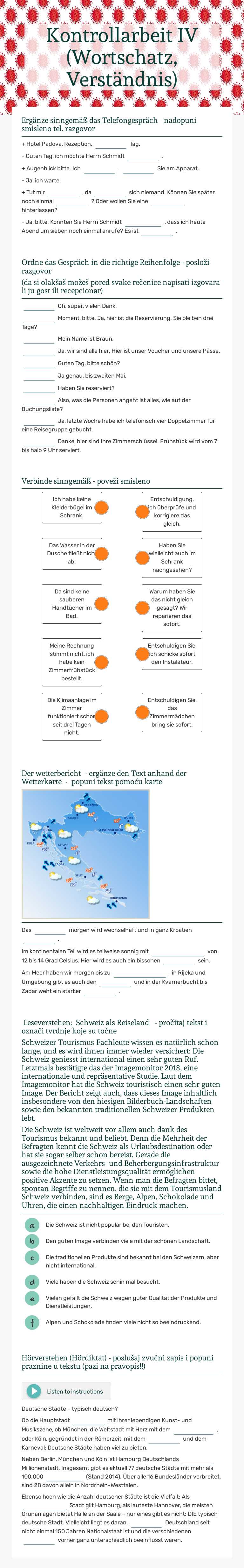 Kontrollarbeit IV     (Wortschatz, Verständnis) worksheet preview image