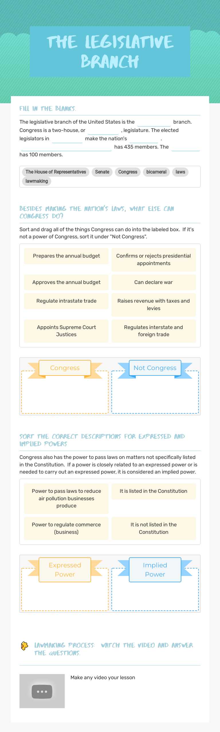 The Legislative Branch worksheet preview image