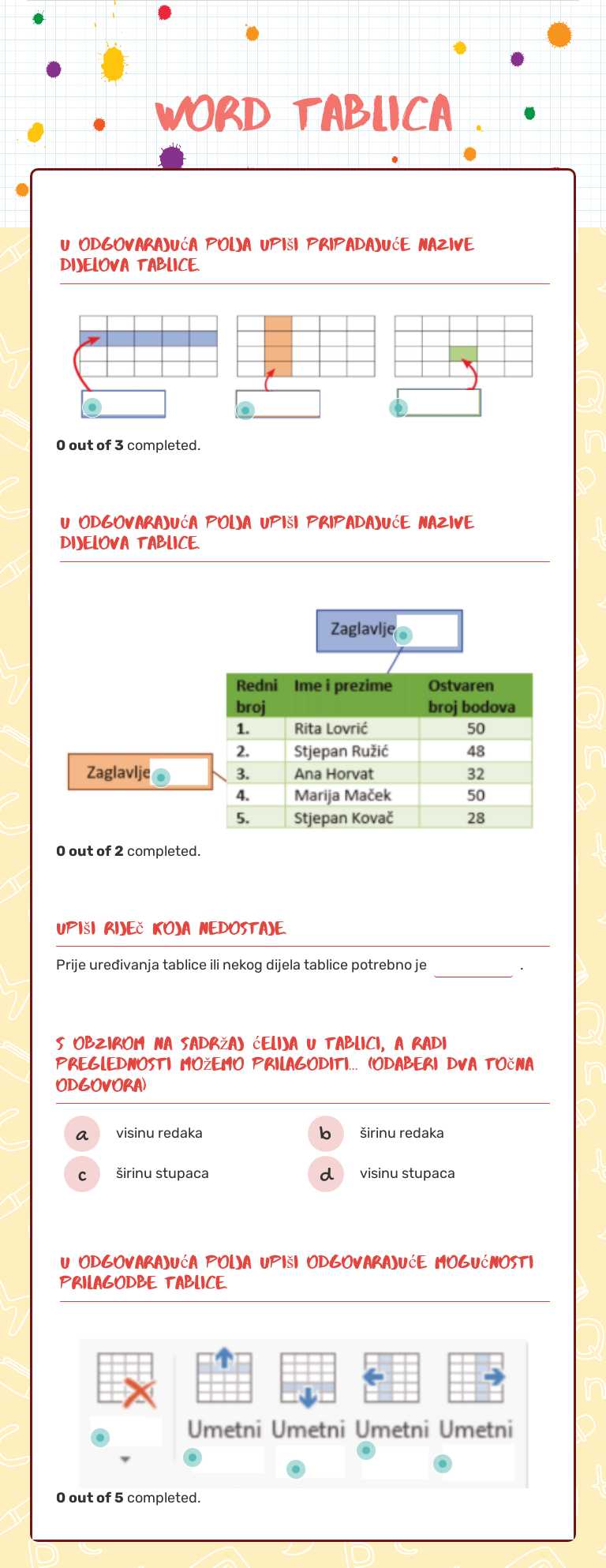 WORD tablica Grade 5 worksheet preview