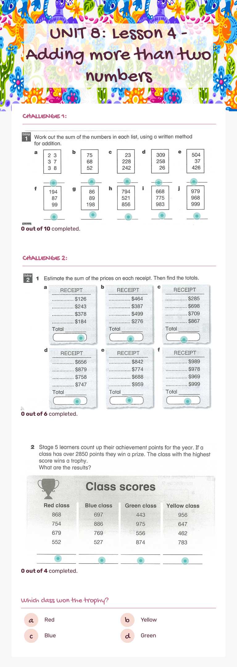 UNIT 8: Lesson 4 - Adding more than two numbers worksheet preview image