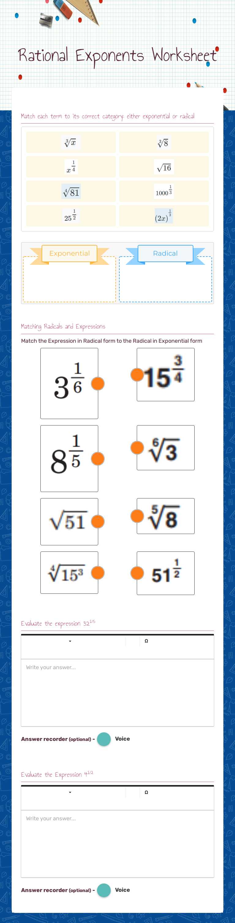 Rational Exponents Worksheet worksheet preview image