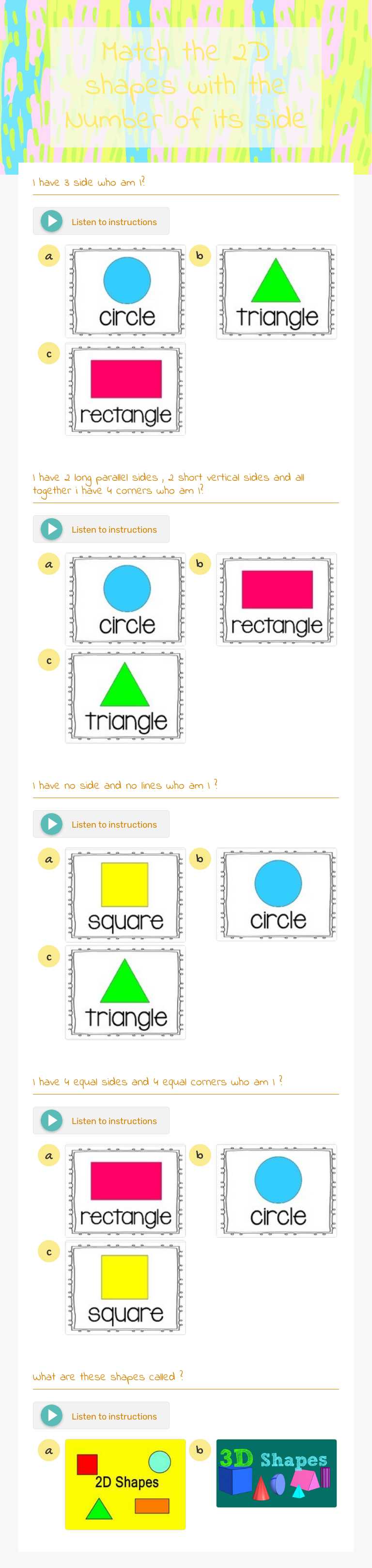 Match the 2D shapes with the Number of its side worksheet preview image