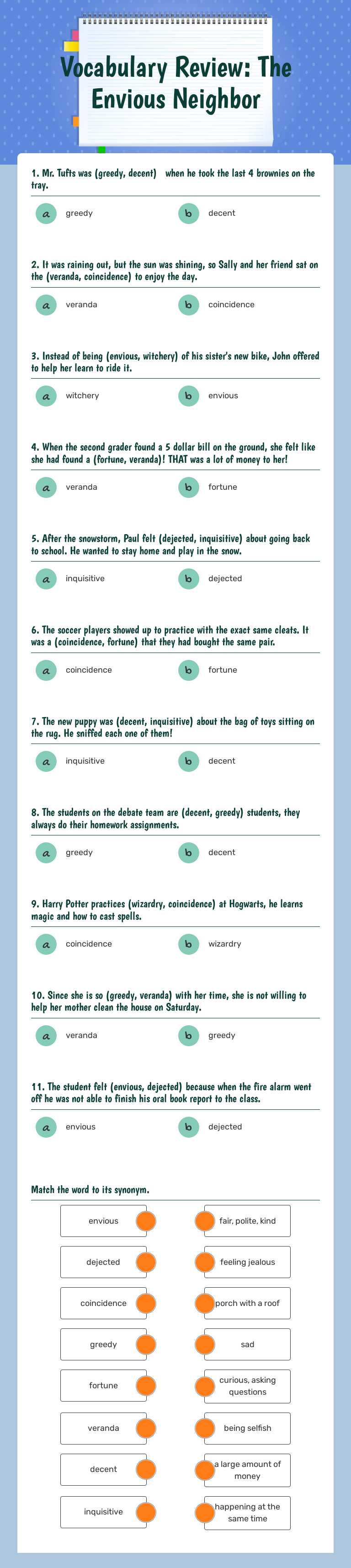 Vocabulary Review:  The Envious Neighbor worksheet preview image