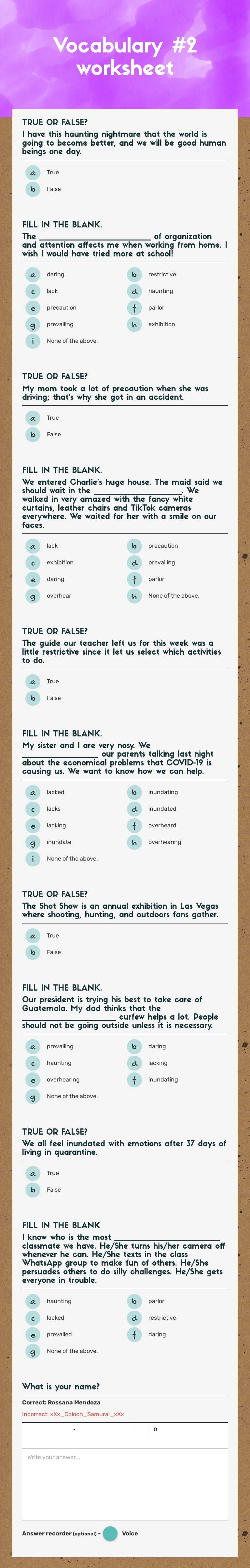 Vocabulary #2 worksheet worksheet preview image