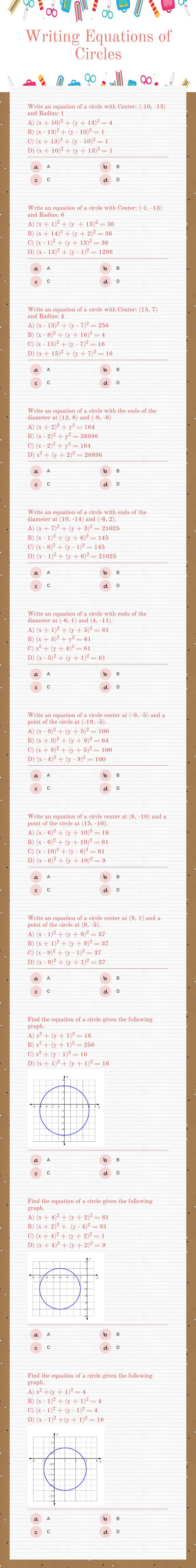 Writing Equations of Circles worksheet preview