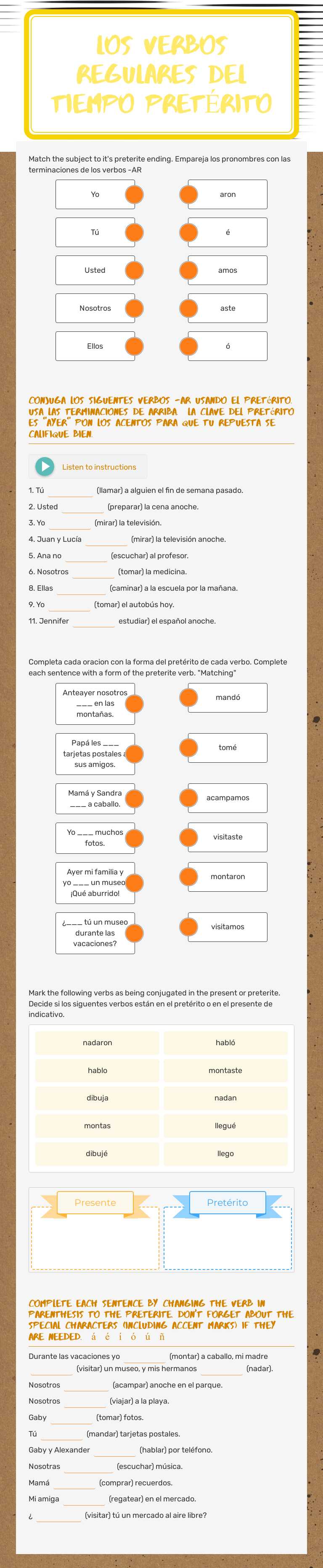 Los verbos regulares del tiempo pretérito worksheet preview image