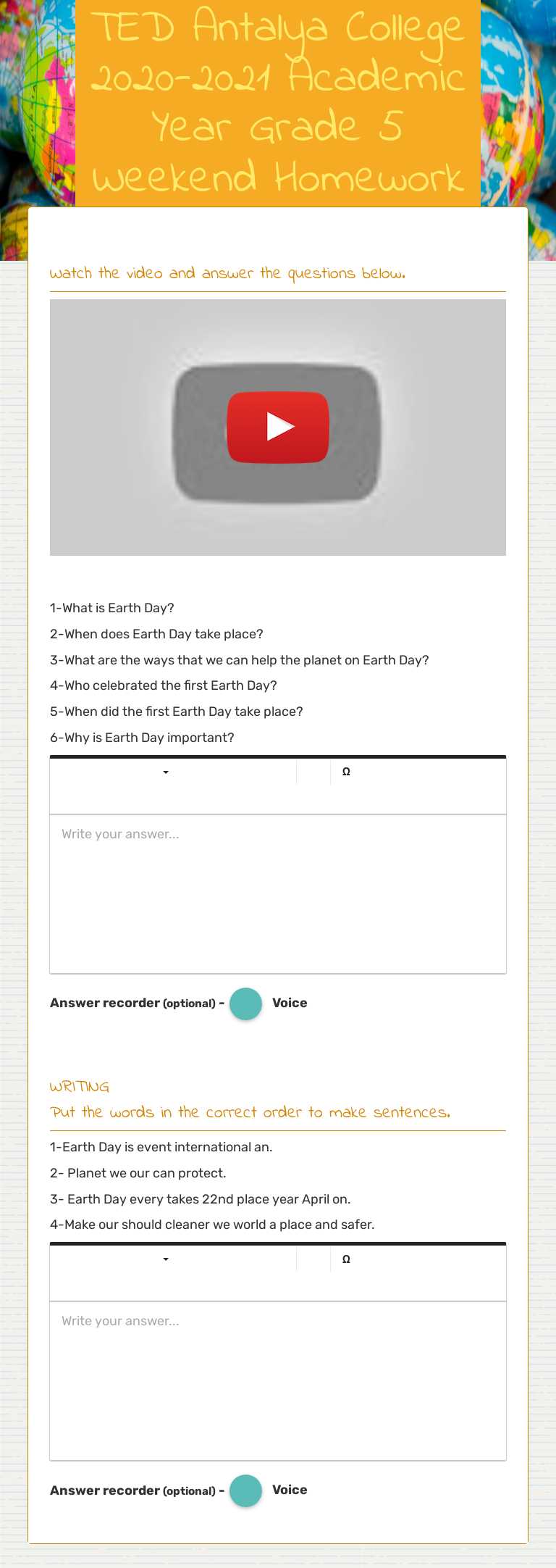 TED Antalya College 2020-2021 Academic Year Grade 5 Weekend Homework April 16, worksheet preview image