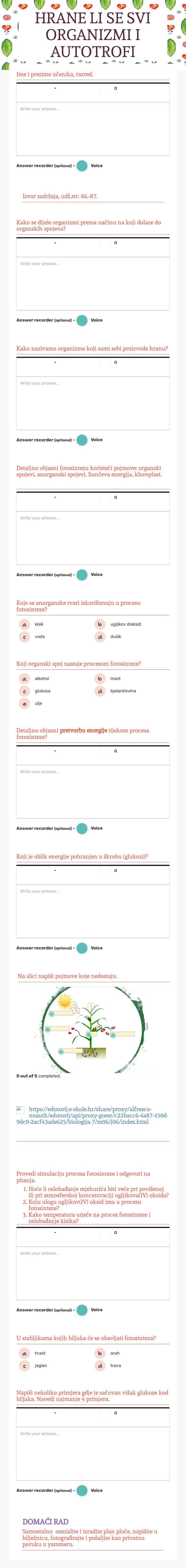 HRANE LI SE SVI ORGANIZMI I AUTOTROFI worksheet preview image