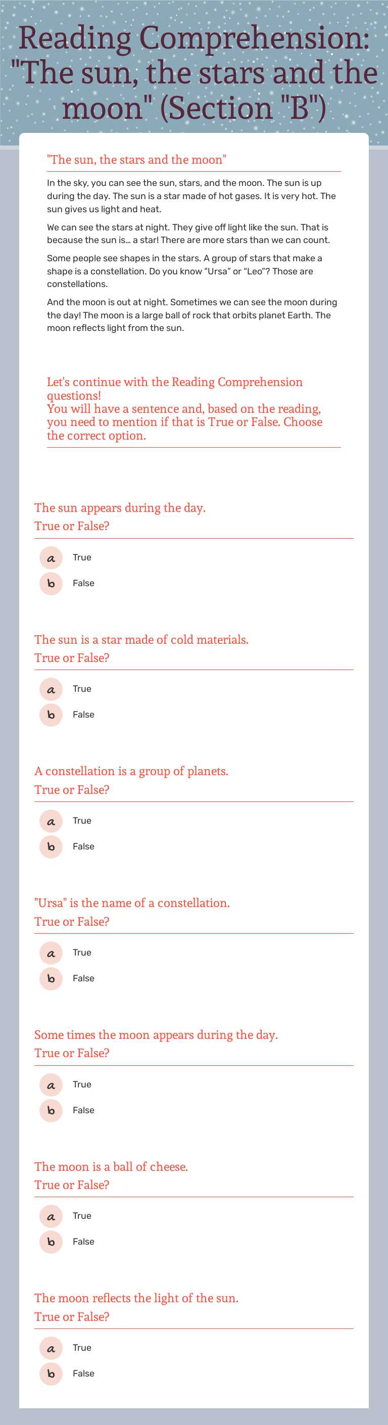 Reading Comprehension: 
"The sun, the stars and the moon"
(Section "B") Grade 2 worksheet preview