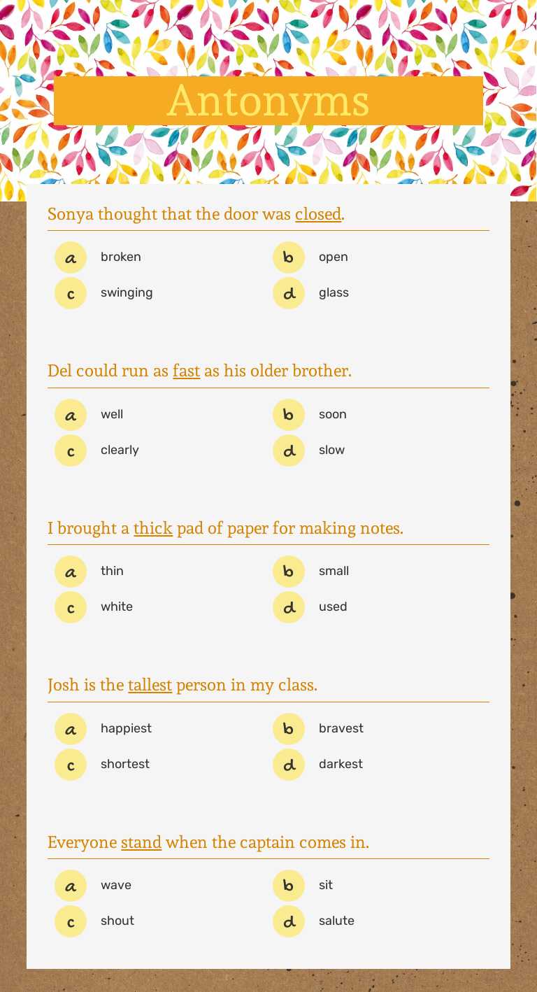 Antonyms worksheet preview image