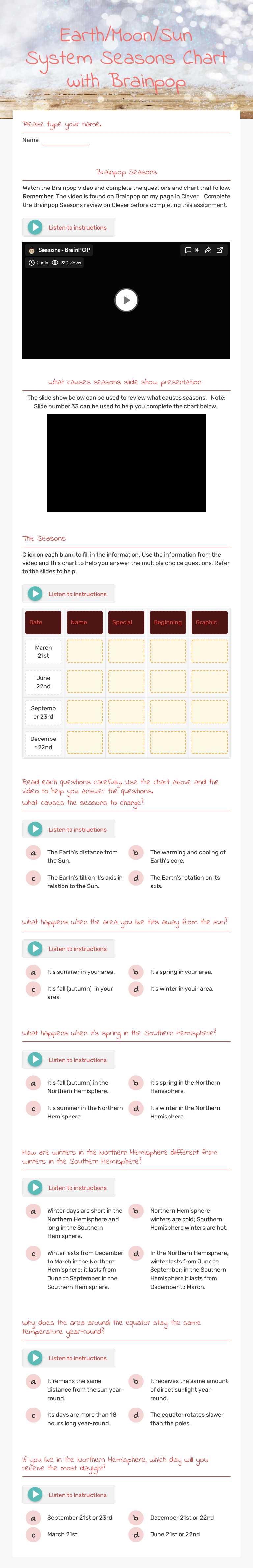 Earth/Moon/Sun System Seasons Chart with Brainpop worksheet preview image