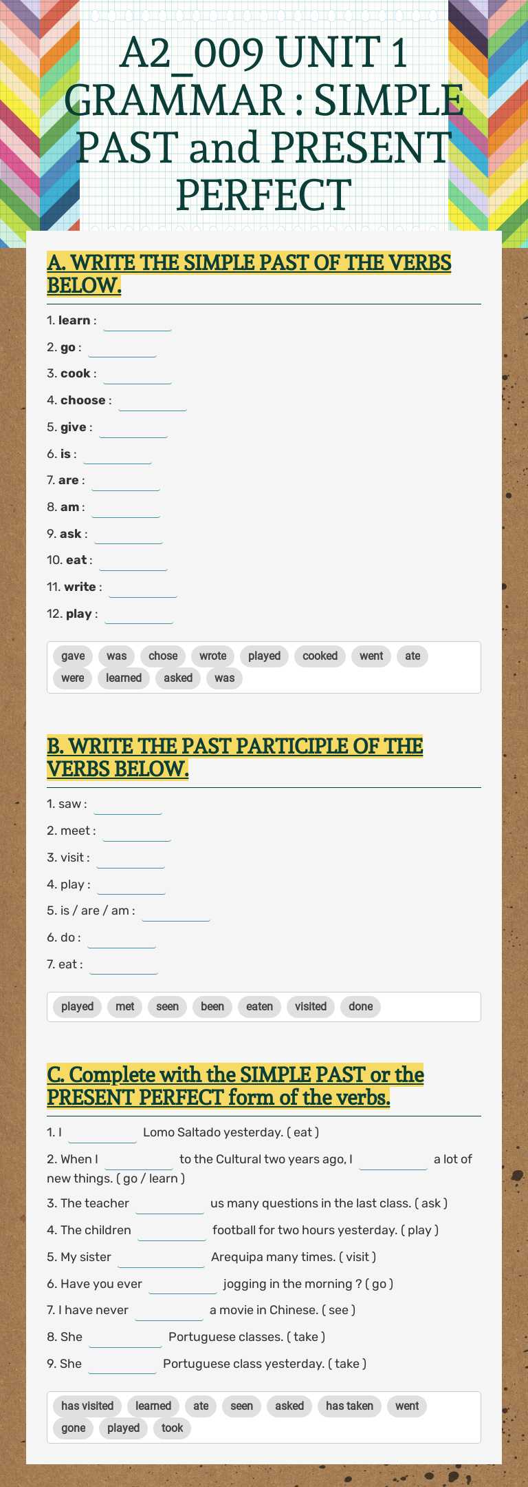 A2_009 UNIT 1 GRAMMAR : SIMPLE PAST and PRESENT PERFECT Other worksheet preview
