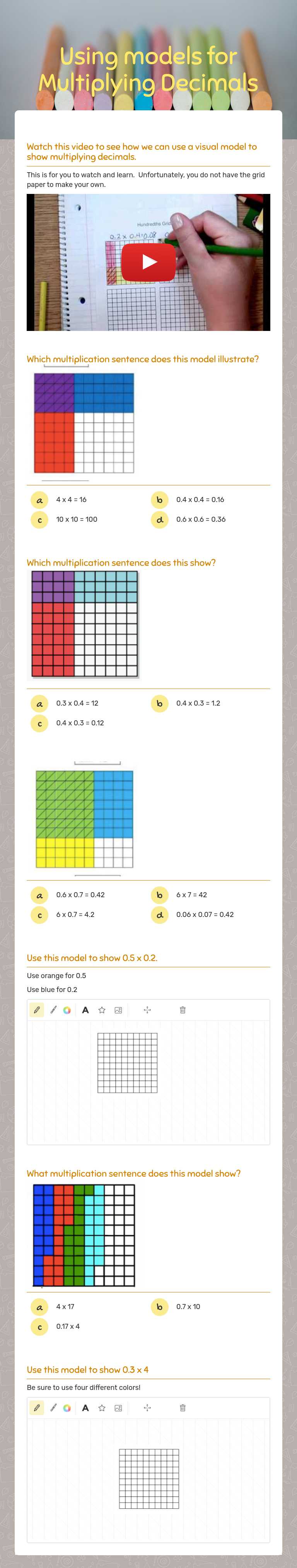Using models for Multiplying Decimals Grade 5 worksheet preview