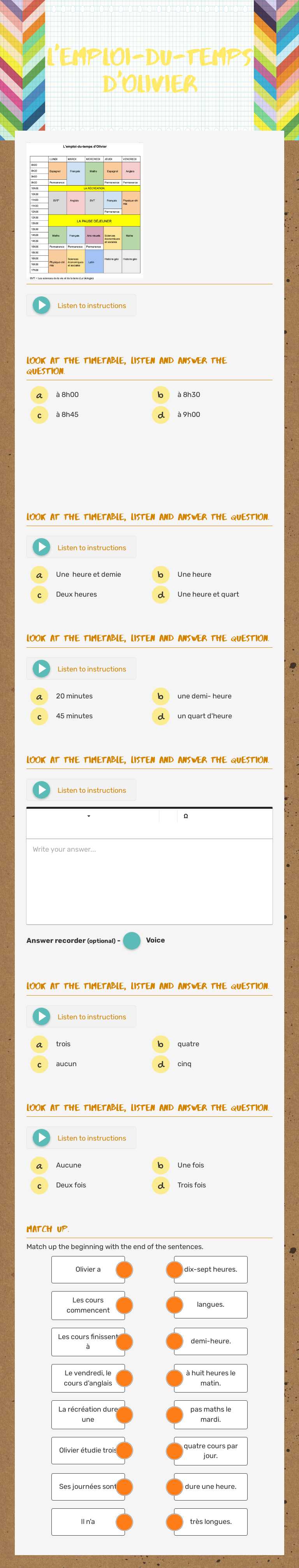 L'emploi-du-temps d'OLIVIER worksheet preview image