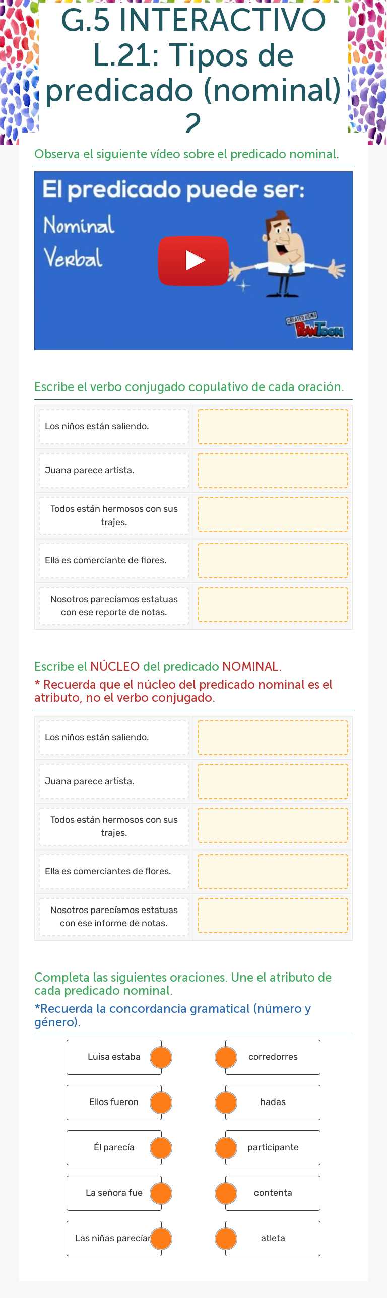 G.5 INTERACTIVO L.21: Tipos de predicado (nominal) 2 Grade 5 worksheet preview
