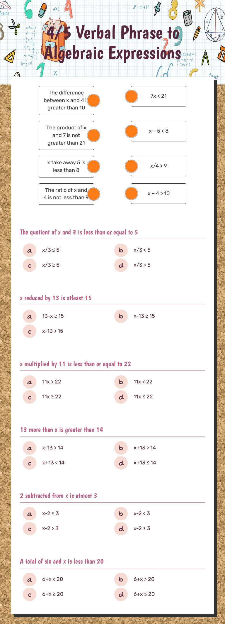 4/5 Verbal Phrase to Algebraic Expressions worksheet preview image