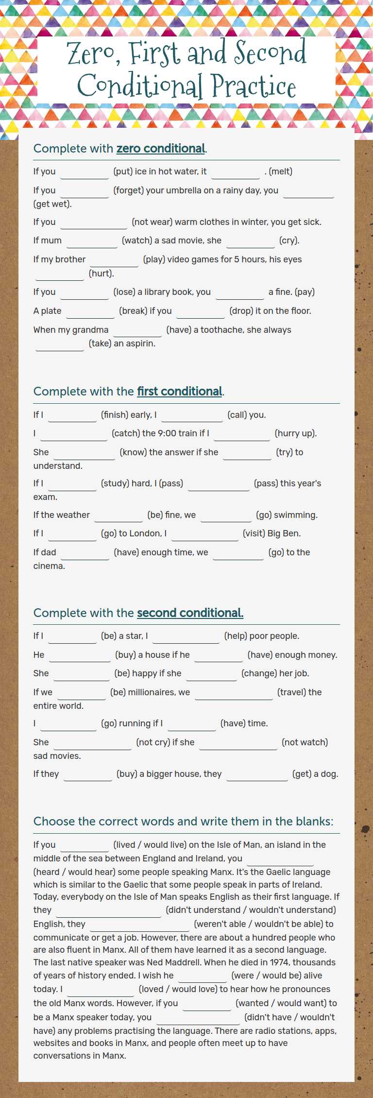 Zero, First and Second Conditional Practice worksheet preview image