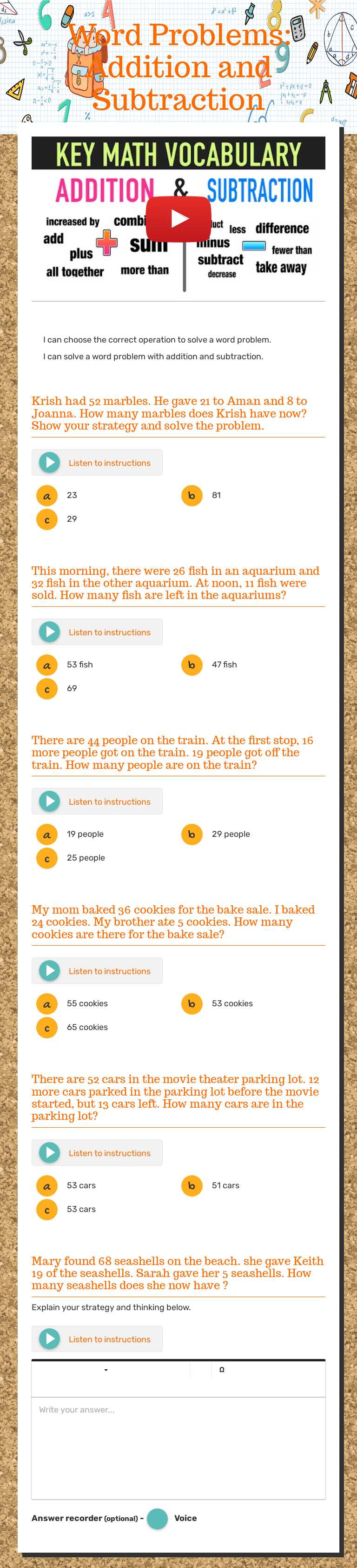 Word  Problems:  Addition and Subtraction worksheet preview image
