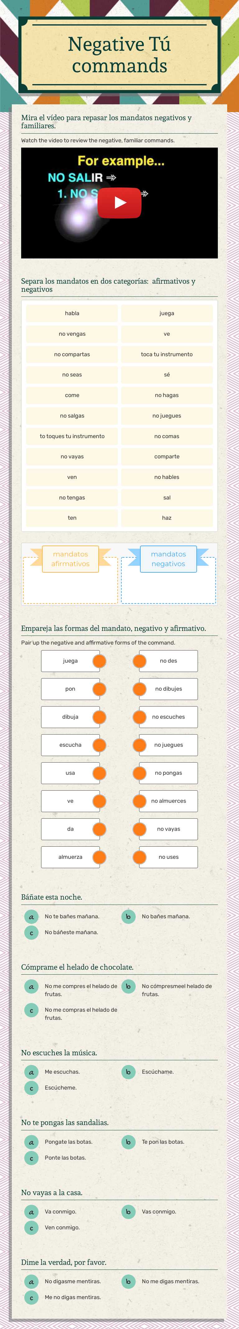 Negative Tú commands worksheet preview image