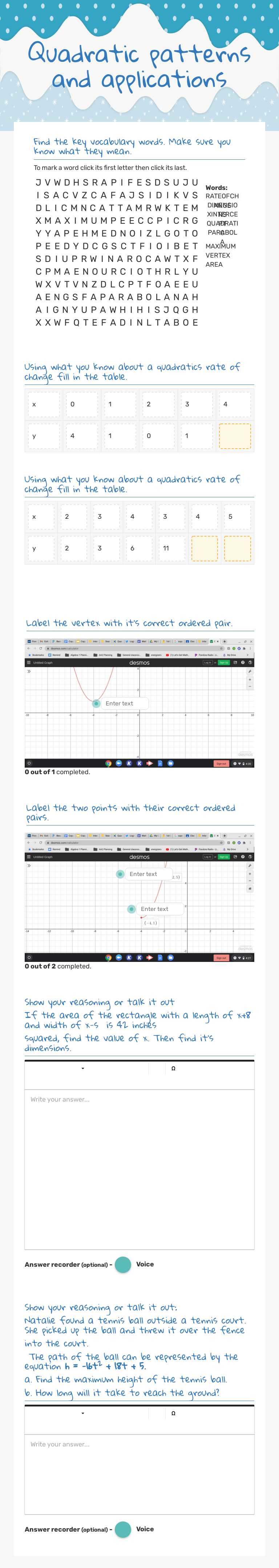 Quadratic patterns and applications worksheet preview image