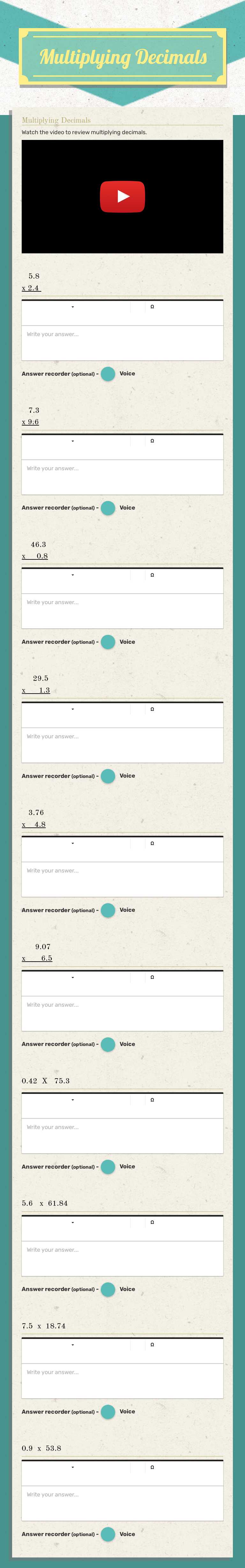 Multiplying Decimals worksheet preview image