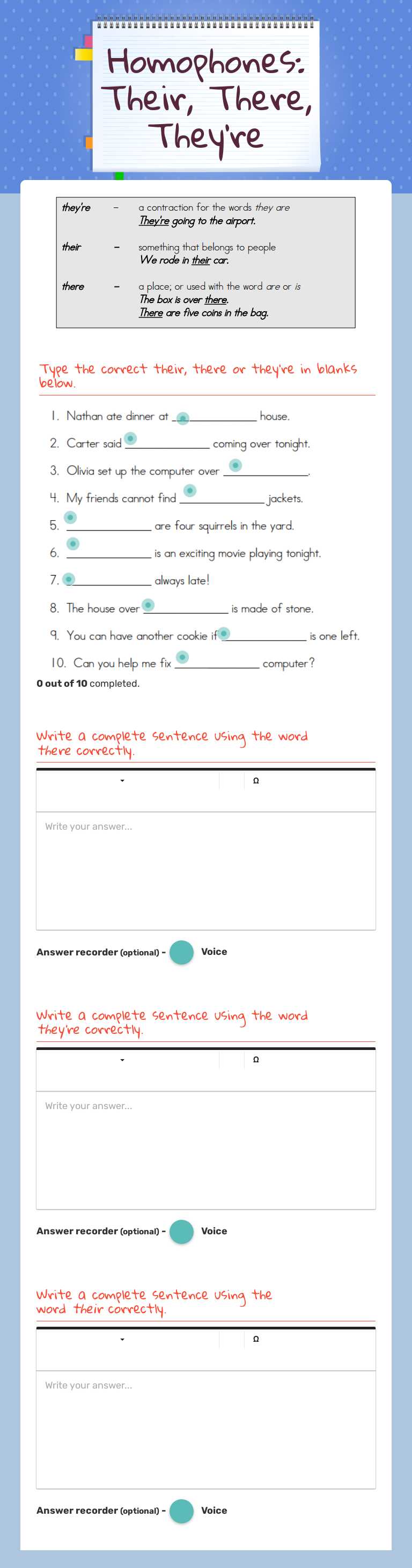 Homophones:               Their, There, They're worksheet preview image