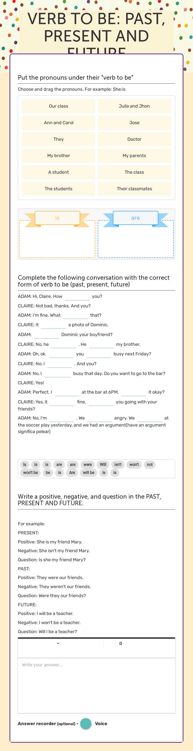 VERB TO BE: PAST, PRESENT AND FUTURE worksheet preview image