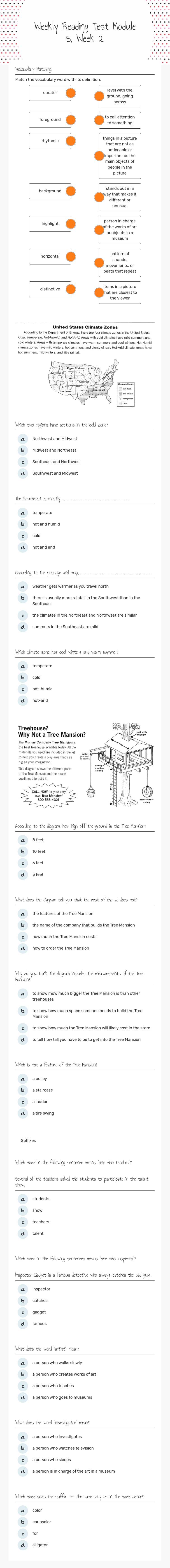 Weekly Reading Test 
Module 5, Week 2 Grade 4 worksheet preview