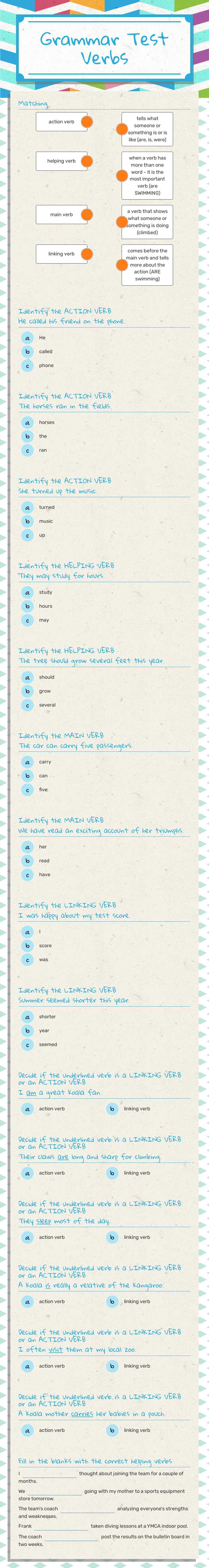 Grammar Test Verbs Grade 4 worksheet preview