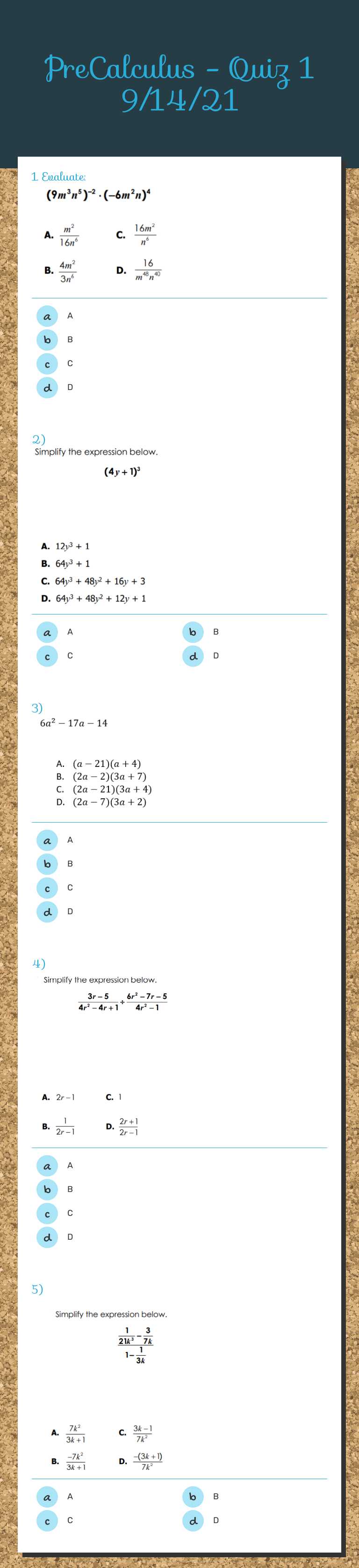 PreCalculus - Quiz 1 9/14/21 worksheet preview image
