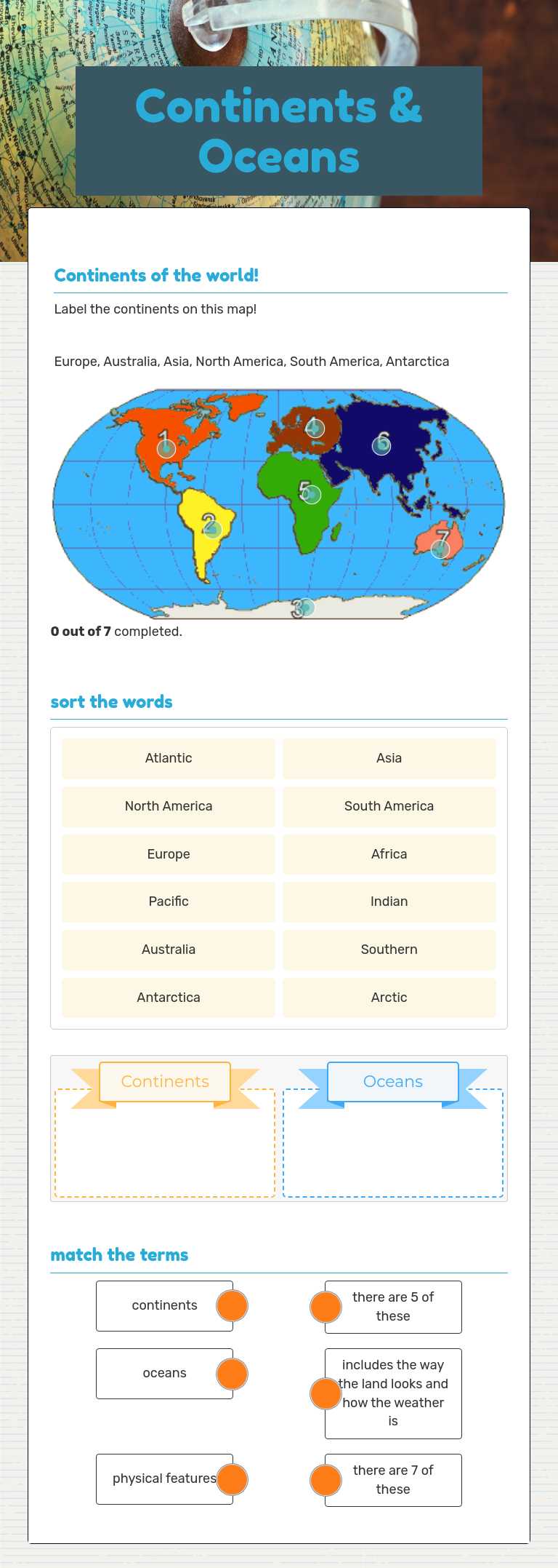 Continents & Oceans worksheet preview image