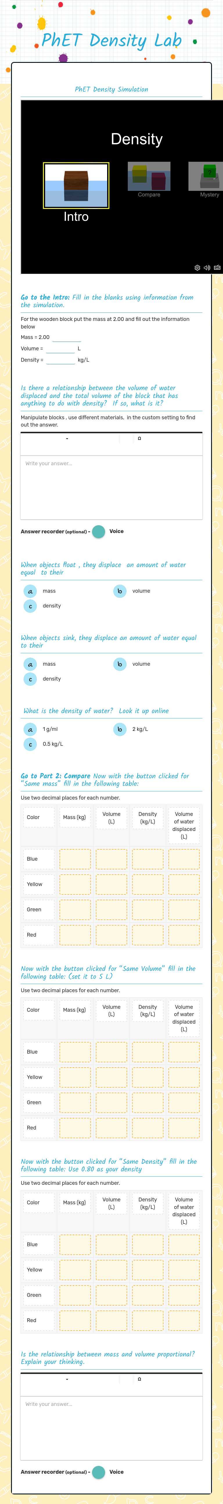 PhET Density Lab worksheet preview image